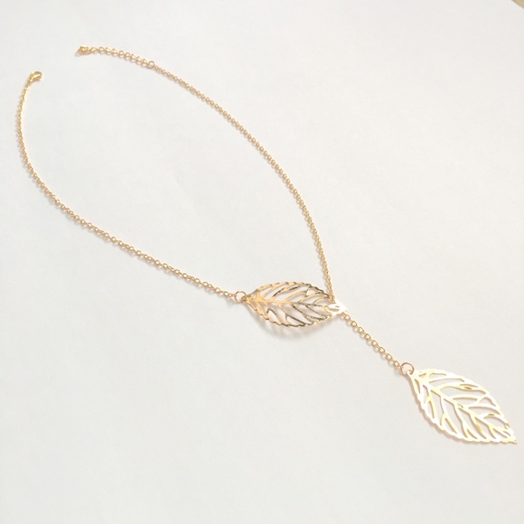 Gold Double Leaf Necklace - Picture 7 of 8